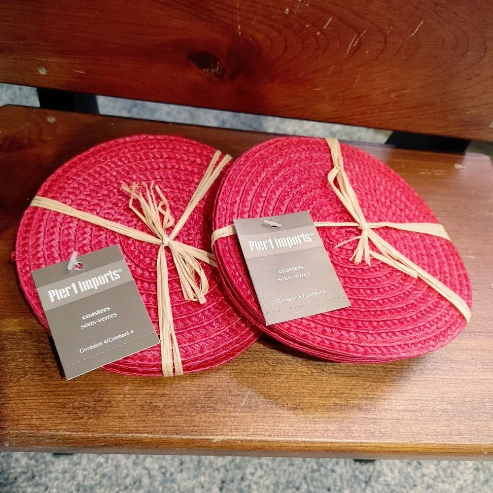 Pier 1 Imports Red Jute Woven Braided Drink Coasters 8pc Set 2 Packs New Country